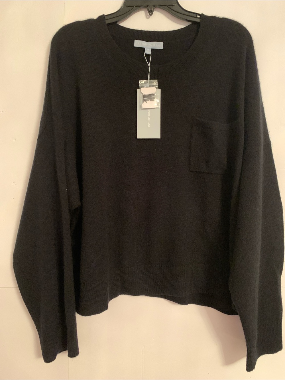 NWT Antonio Melani Cashmere Black Kimberly Pocket Crewneck Sweater Size XL
